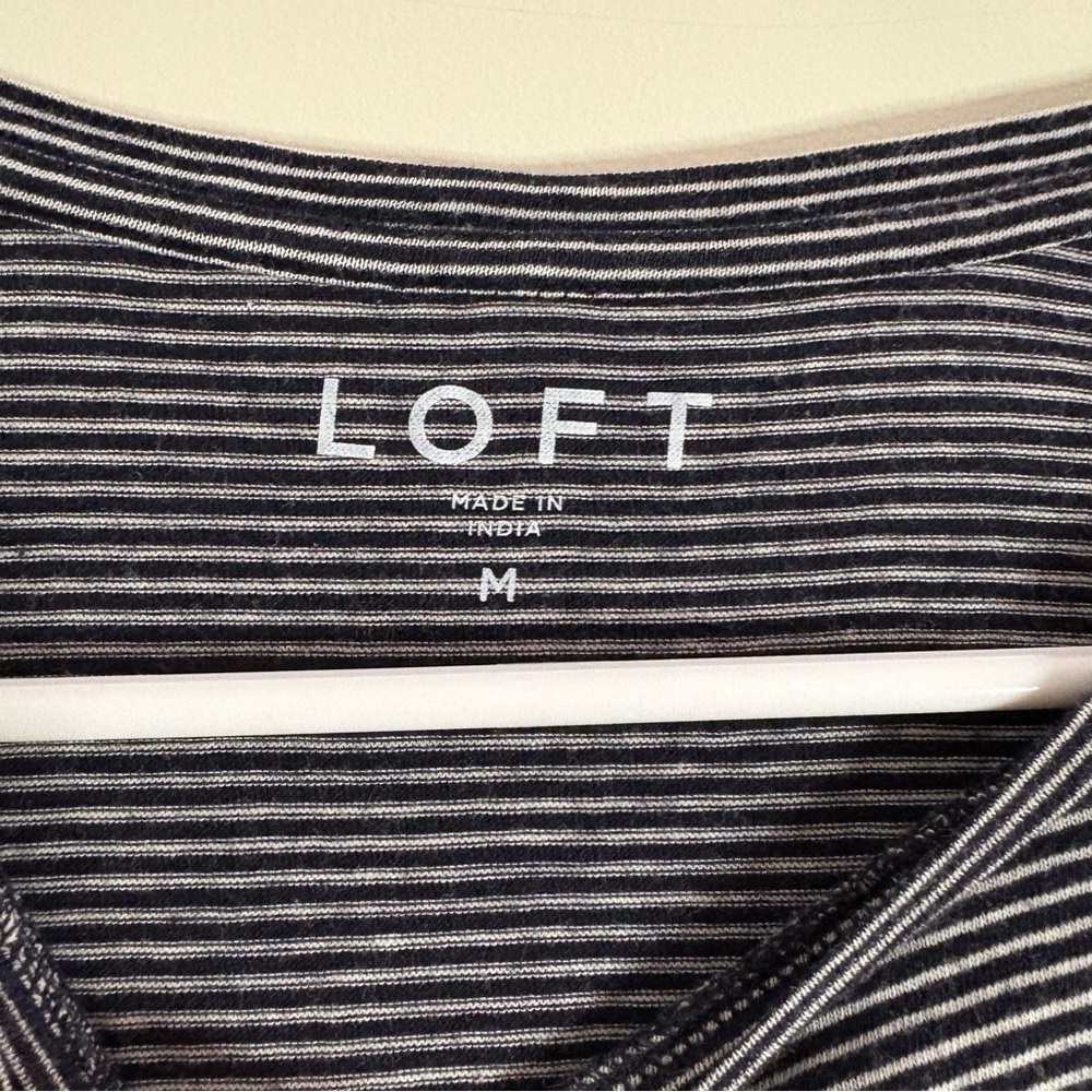 LOFT Women’s Size Medium Navy and White Striped Embroidered Blouse Long Sleeve - Picture 3 of 5
